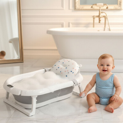 Сгъваема бебешка вана с термометър и възглавница