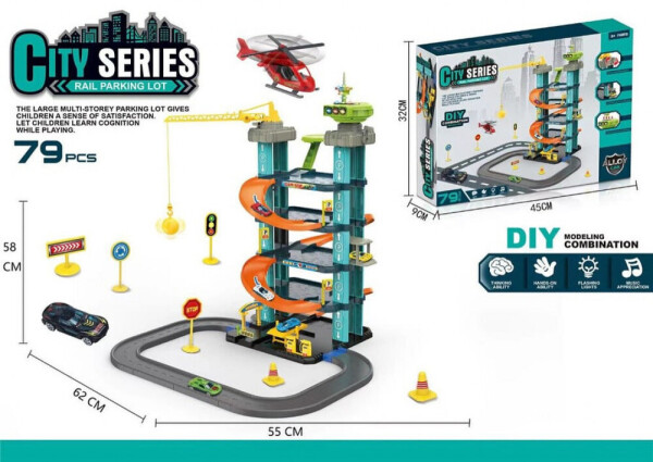Голяма писта с паркинг, асансьор и кран със звук и светлина – 79 елемента