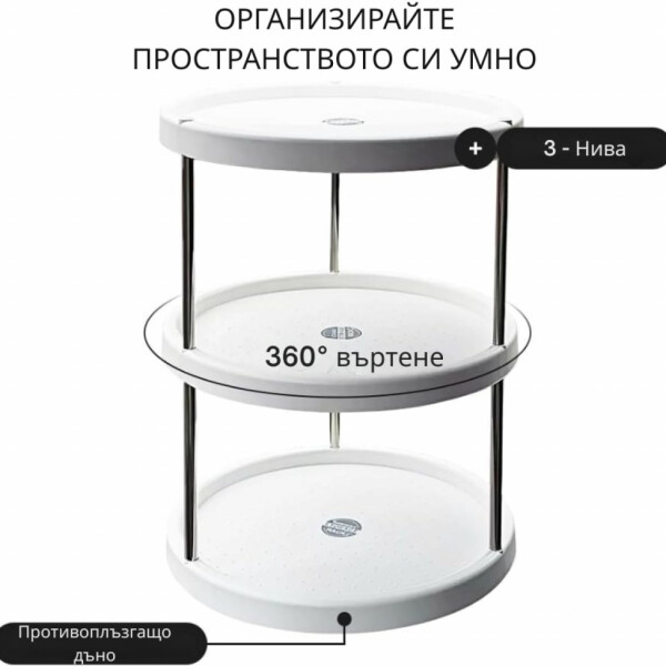 Въртяща се 3-етажна поставка – 360° организация за кухня и баня