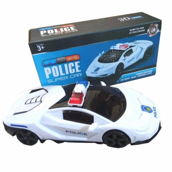 Полицейска кола с 3D светлини и звук – Бяла, въртяща се на 360 градуса