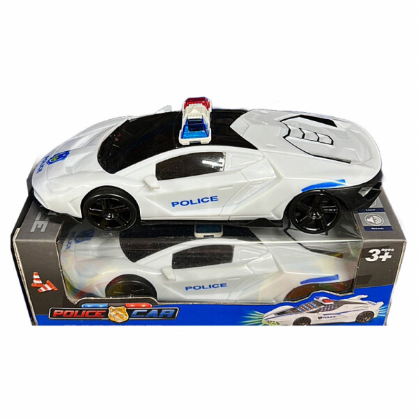 Полицейска кола с 3D светлини и звук – Бяла, въртяща се на 360 градуса