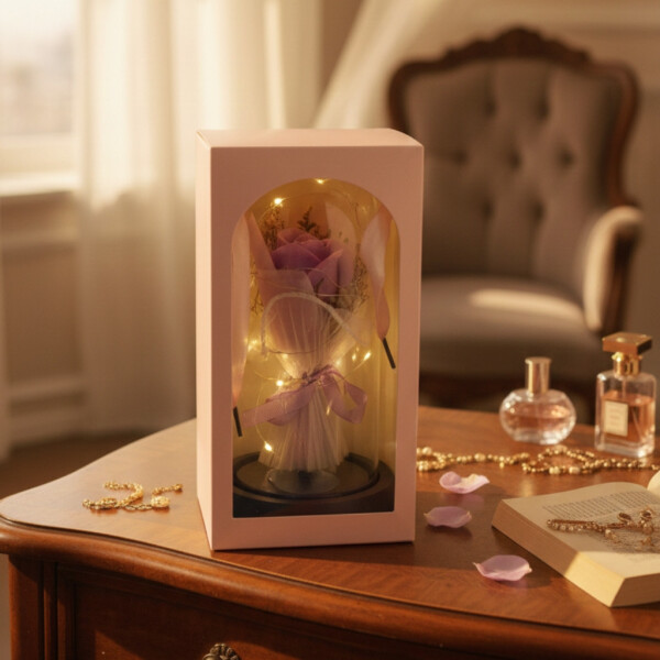 Декоративна роза в стъклен купол - В подаръчна кутия