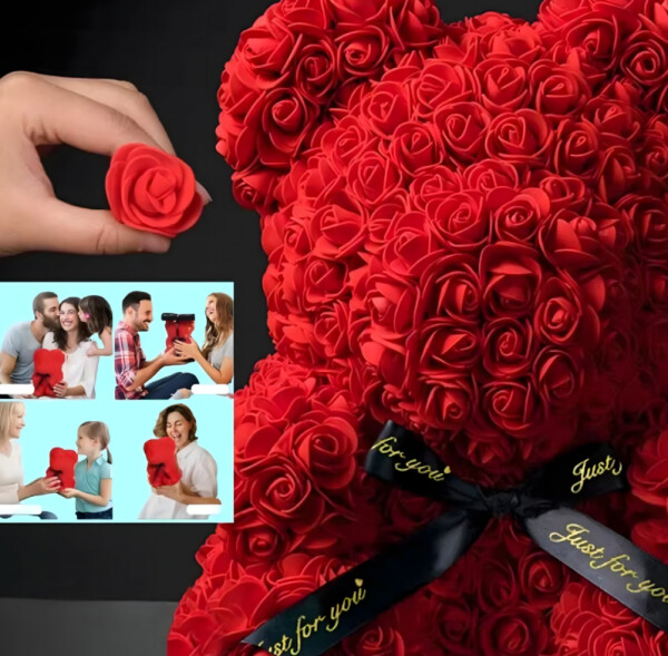 Плюшено мече с LED рози  - комплект вечни рози 25 см